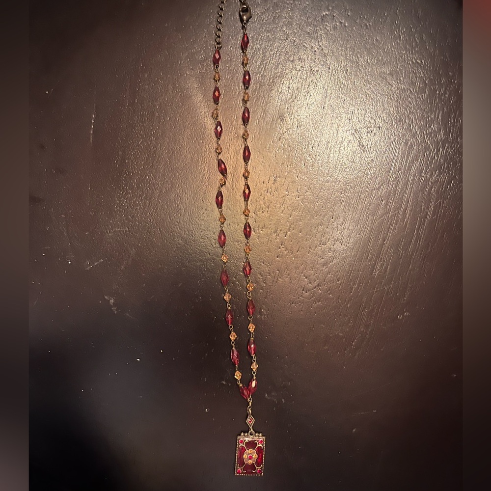 Vintage Style Red Beaded Necklace with Czech Style Glass Pendant
